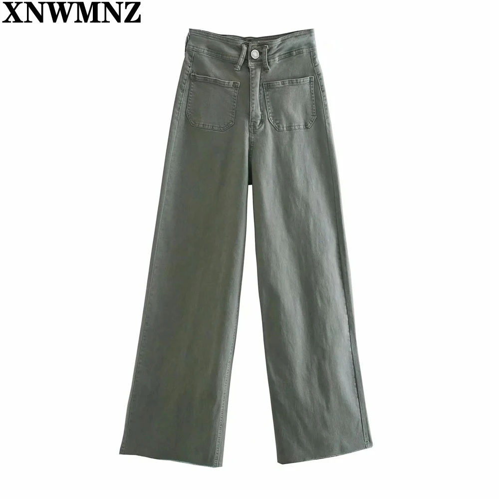 

XNWMNZ 2021 Za women Fashion Hight-waise jeans Vintage patch pockets straight Hi-rise Jeans Zipper Fly Female Trousers Mujer