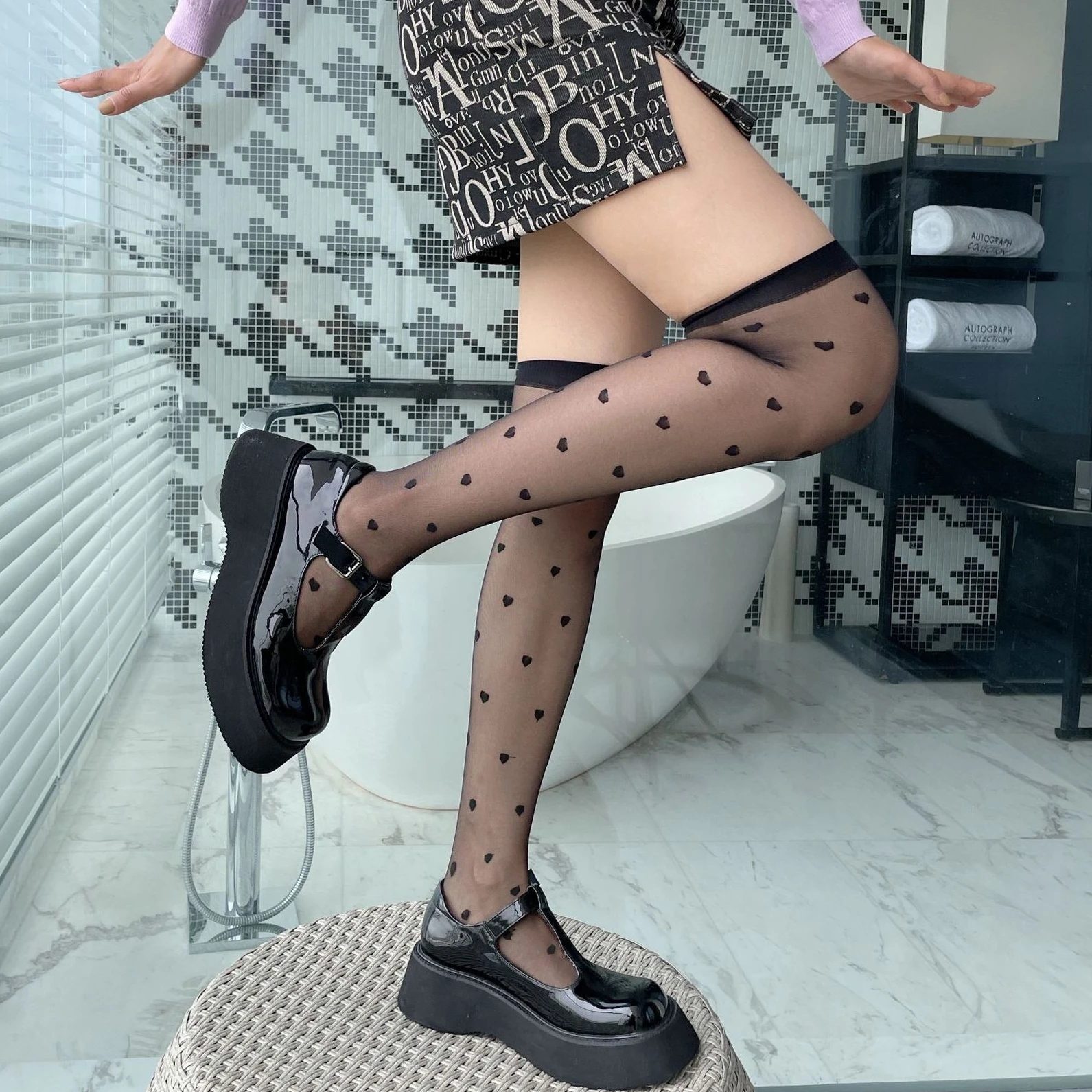 Чулки в горошек женские прозрачные длинные носки из шелка черные белые стиле