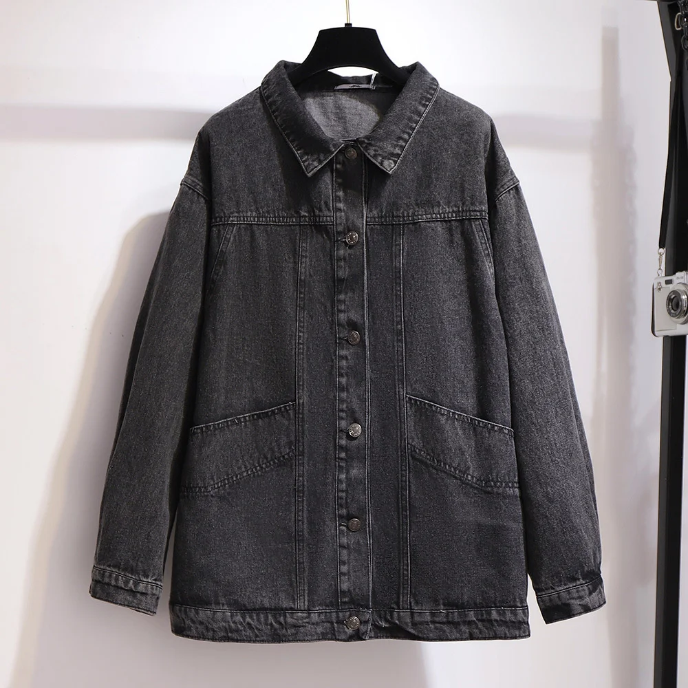 

Женская джинсовая куртка на пуговицах, черная свободная повседневная куртка большого размера 4XL 5XL 6XL в Корейском стиле, #3368
