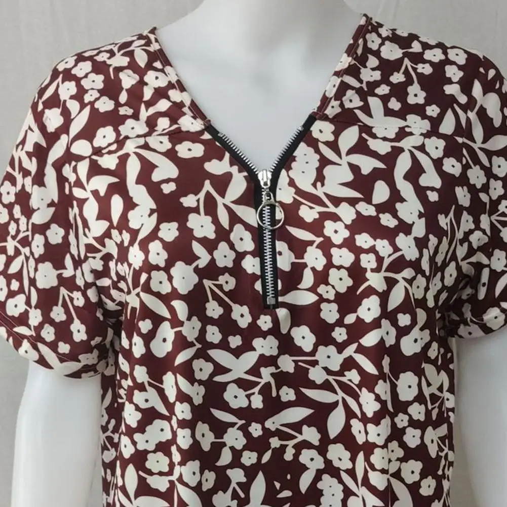 

Fashion Short Sleeve V Neck Loose Women Blouse Comfy Floral Print Zipper Casual Shirt Pullover Top for Daily Wear