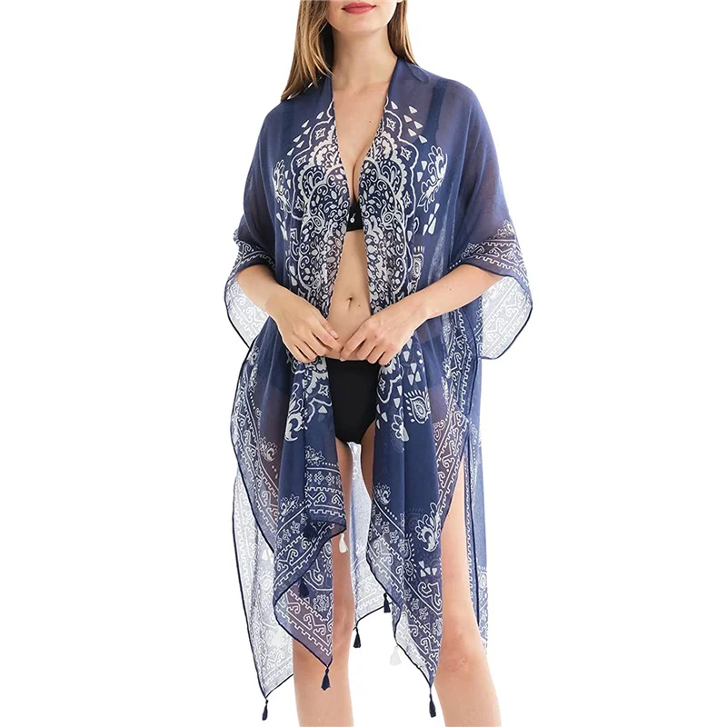 

2021 New Women's Swimsuit Cover Ups Bohemian Short Sleeve Open Front Semi-Sheer Split Kimono Cover-Ups