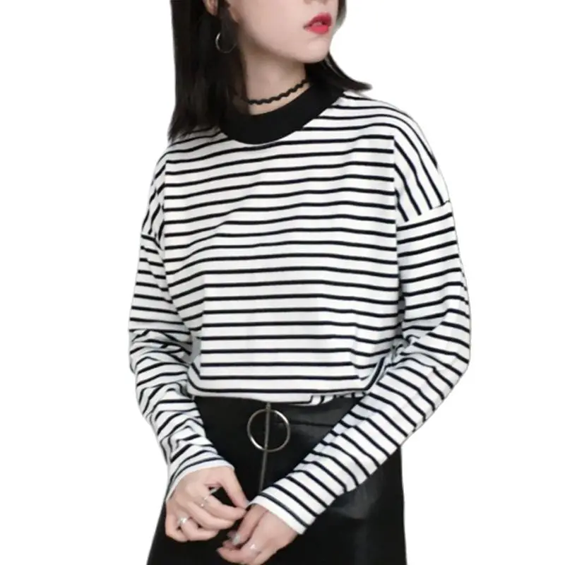 Полосатая футболка женская повседневная одежда с круглым вырезом черный белый