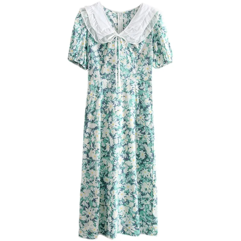 

Uulutonica Summer Women Elegant Fashion A-line Print Short Belt Mid-calf Puff Sleeve Empire Peter Pan Collar Dress