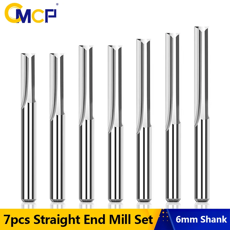

CMCP Straight End Mill 6mm Shank 7pcs 17-52mm Carbide Milling Cutter for Woodworking 2 Flute CNC Machine Router Bit