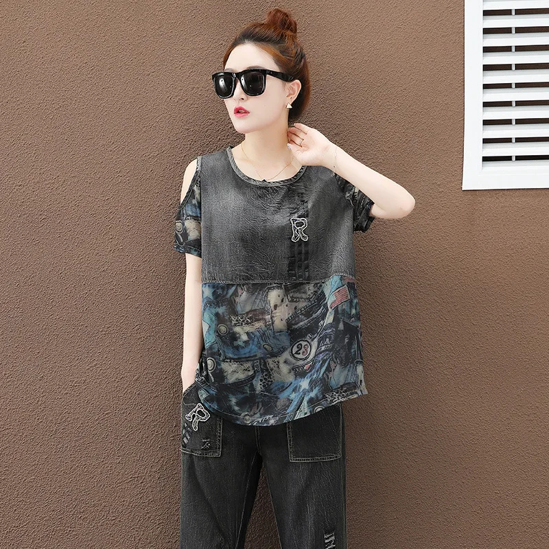 Женский джинсовый костюм Max LuLu Свободный Топ с открытыми плечами и брюки в стиле