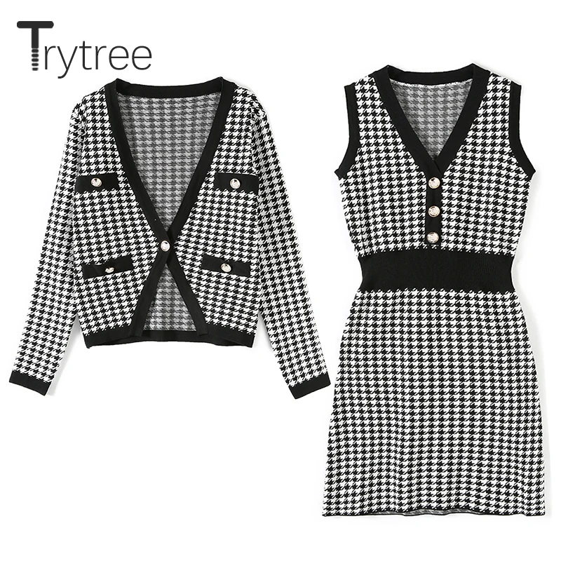 Trytree 2020 AW Женский комплект из двух предметов Повседневный клетчатый однобортный