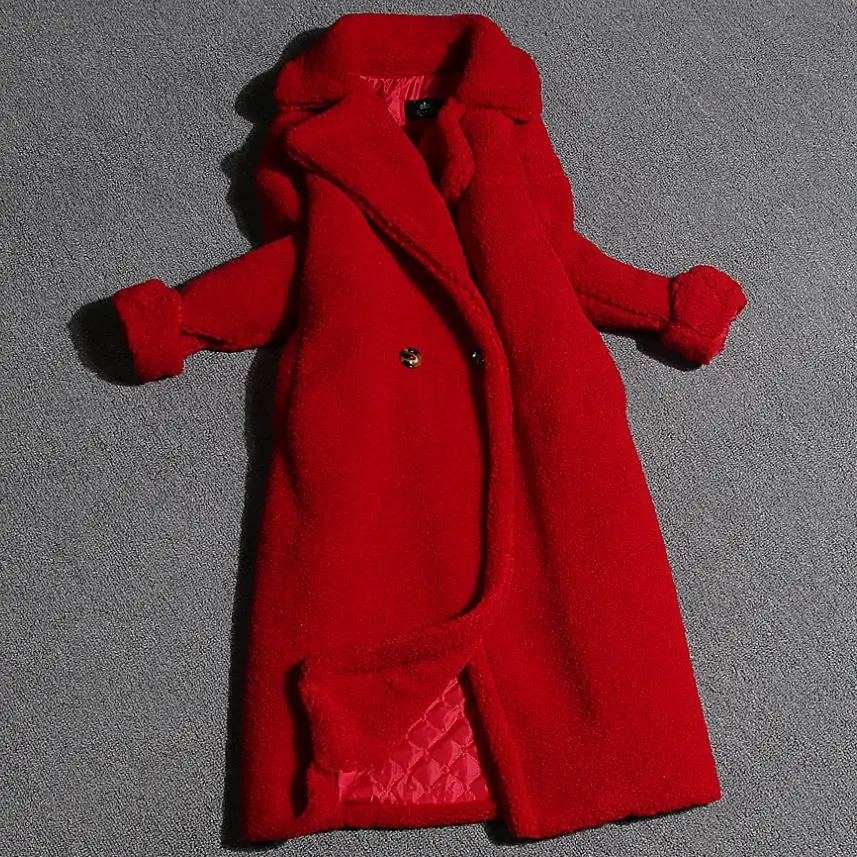 Зимнее пальто из овечьей шерсти женские длинные теплые искусственного меха