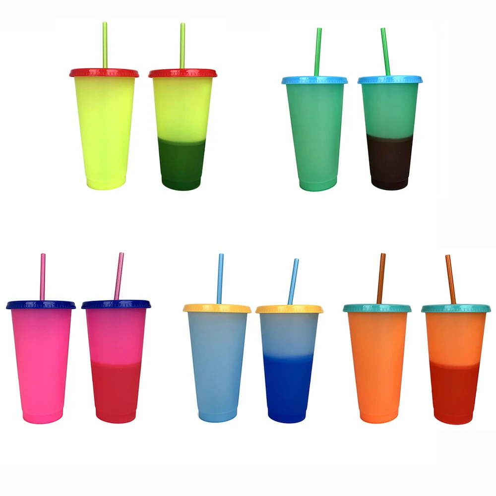 

5pcs 700ML Plastic Temperature Change Color Cups Colorful Cold Water Color Changing Coffee Cup Mug Water Bottles With Straws Set