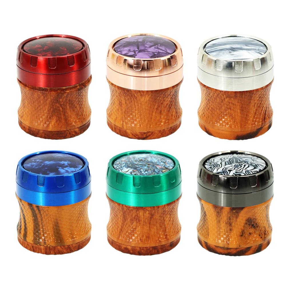 

Top Printing Design and Rotatable 63mm 4 Layers Tobacco Grinder Zinc Alloy&Wooden Herb Grinder Metal Spice Crusher Accessories