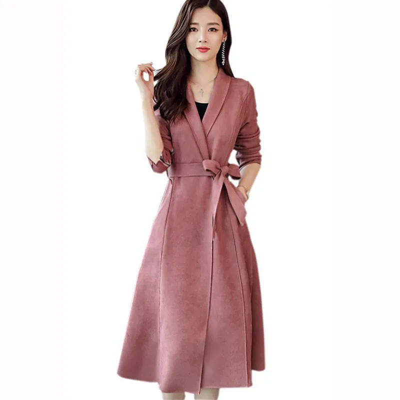 Женский замшевый тренчкот элегантная ветровка на шнуровке Длинный Элегантный