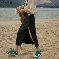 skirts women denim long side slit a line all match retro female sexy chic high waist slim solid color streetwear fashionable ins