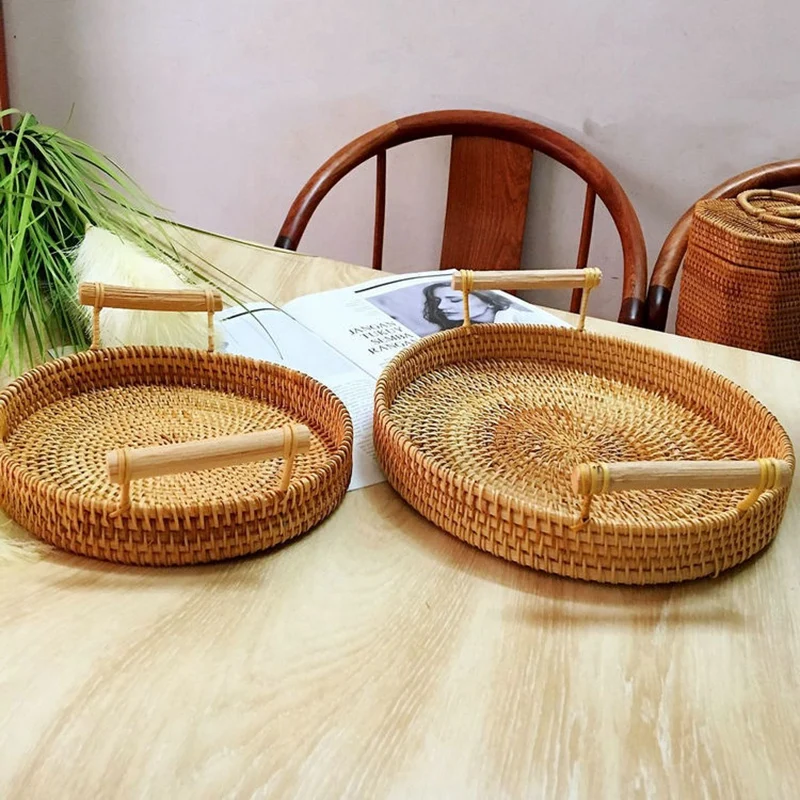 

3PCS Rattan Storage Tray, Round Basket with Handle, Hand-Woven, Rattan Tray Wicker Basket Bread Fruit Food Display