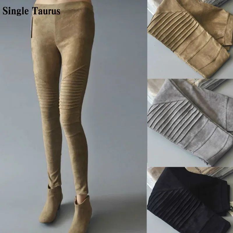 

Suede Fabric Locomotive Moto Biker Trousers Women Fashion Slim Push Up Warm Pleated Winter Pants Elasticity Skinny Leggings 2021