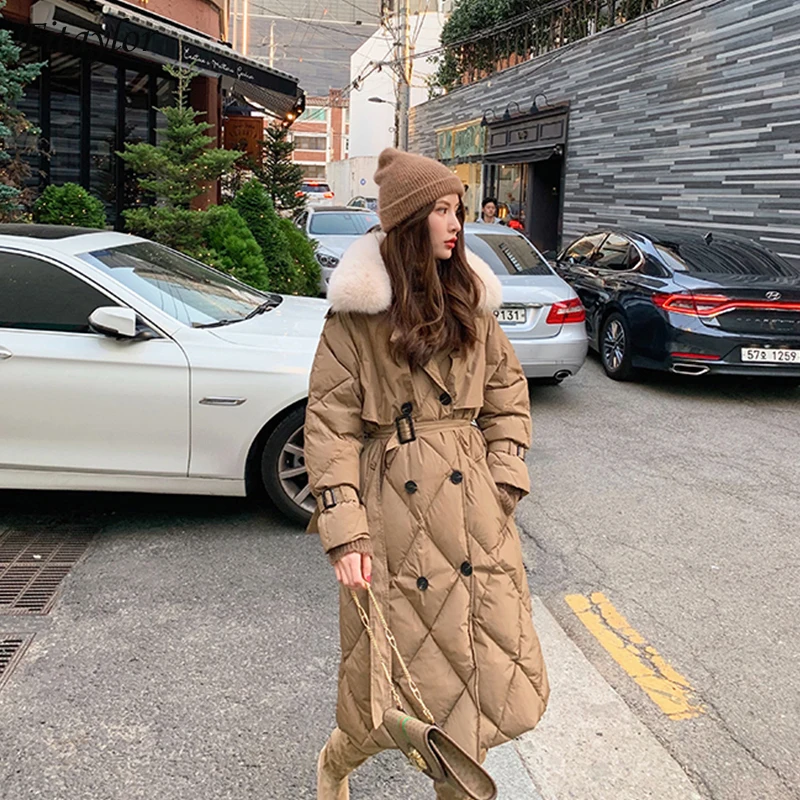 Зимнее женское длинное пуховое пальто с капюшоном и воротником из натурального