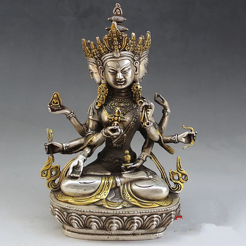 

Тибетский буддийский храм silver 3 face 8 arm Kwan-Yin статуя Будды Бодхисаттва home металлические украшения ручной работы.
