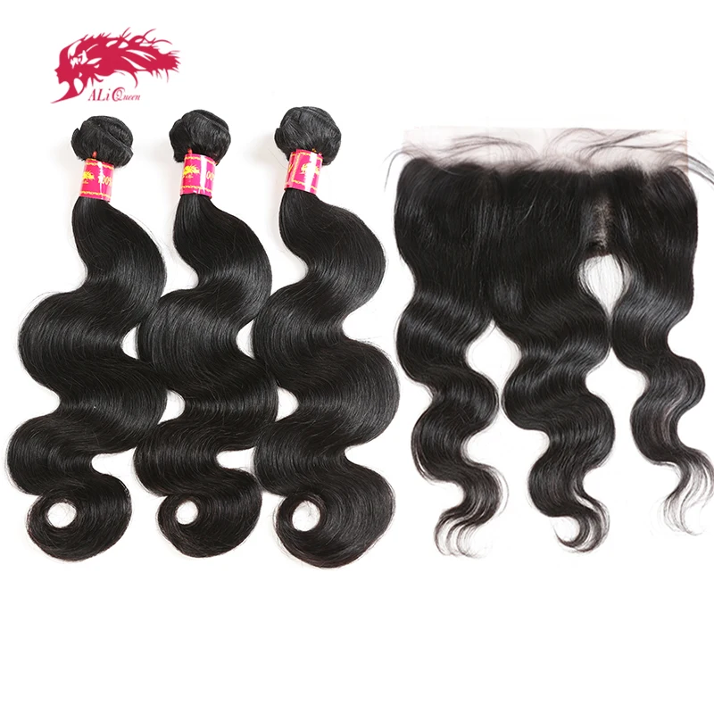 

3/4Pcs Brazilian Body Wave Raw Virgin Hair Bundles With 13x4 Lace Frontal Closure Ali Queen Hair Bundles With Closure