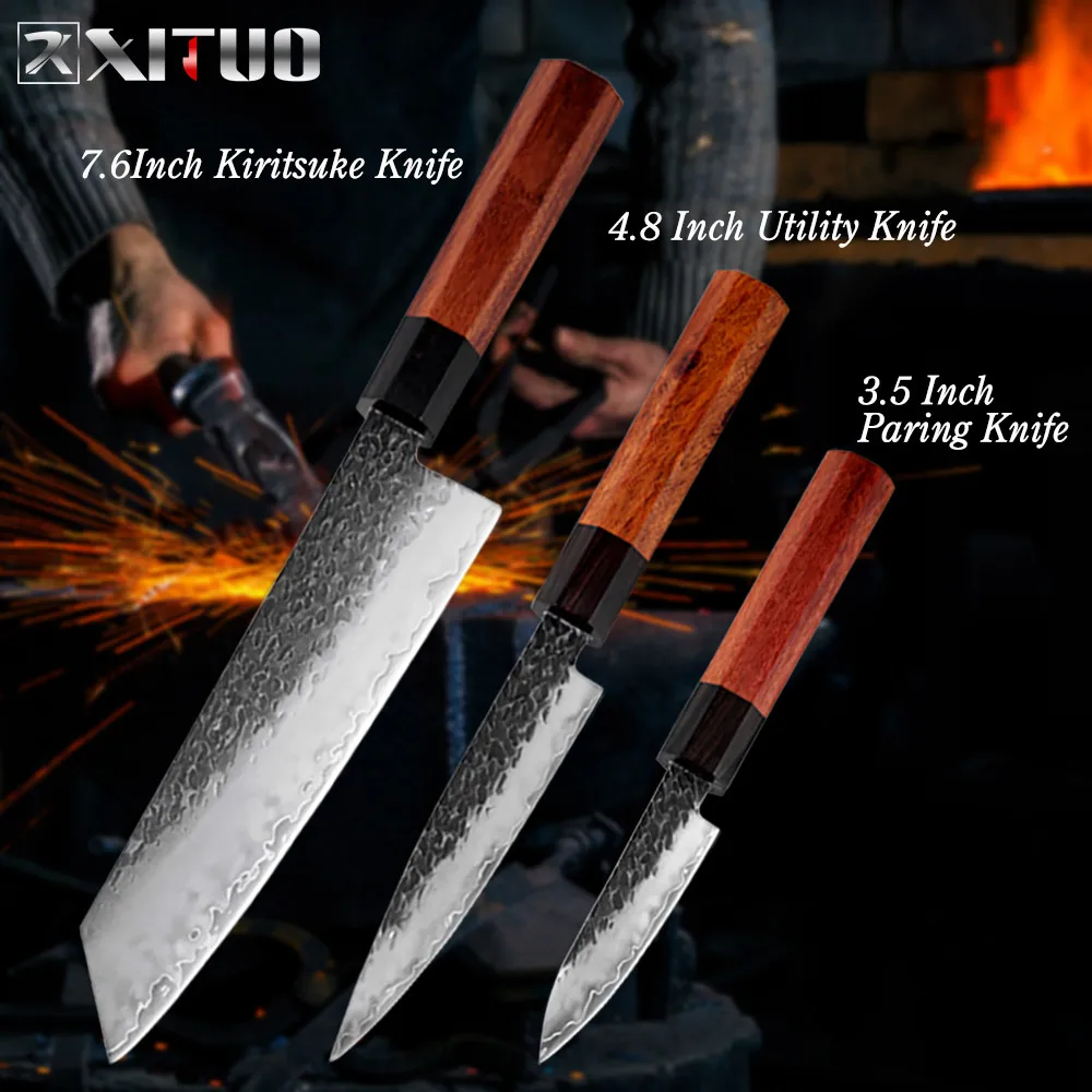 3PCS XITUO три-слой композита Сталь шеф-повара Ножи ручной ковки китайский нож Острый кухонный топорик Santoku кирицукэ утилита Пособия по кулинарии инструменты - Цвет: 3PCS