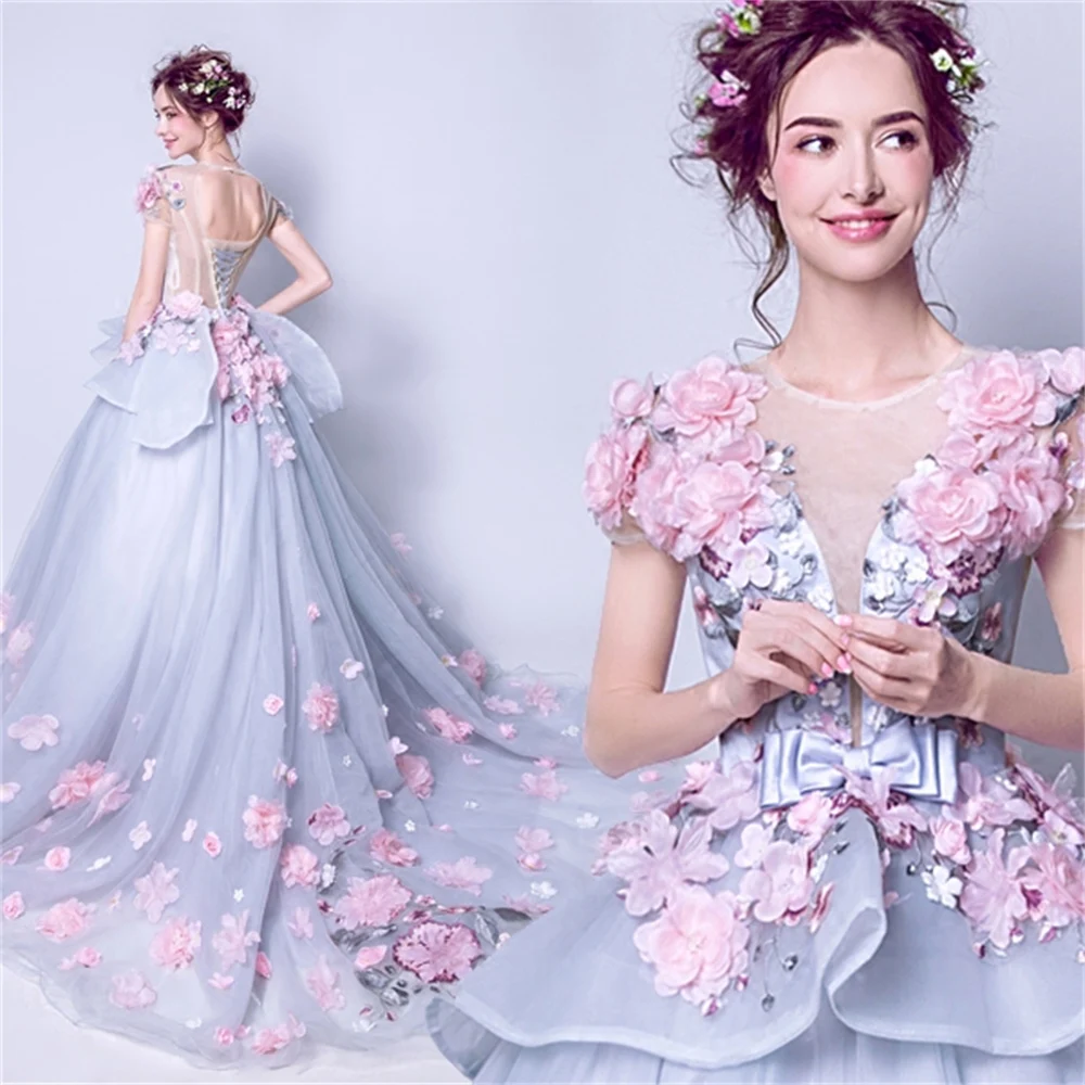 

Dioflyusa V Neck Short Sleeve Train Blue Gray Flowers Embroidery Bridesmaids Cocktail Party Dresses Woman Engagement Prom Gowns