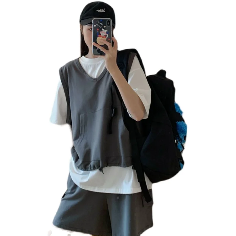 

Young Lady Summer Casual Three-Piece Suit O-Neck Short Sleeve V-Neck Pockets Vest Solid Color Drawstring Elastic Waist Shorts