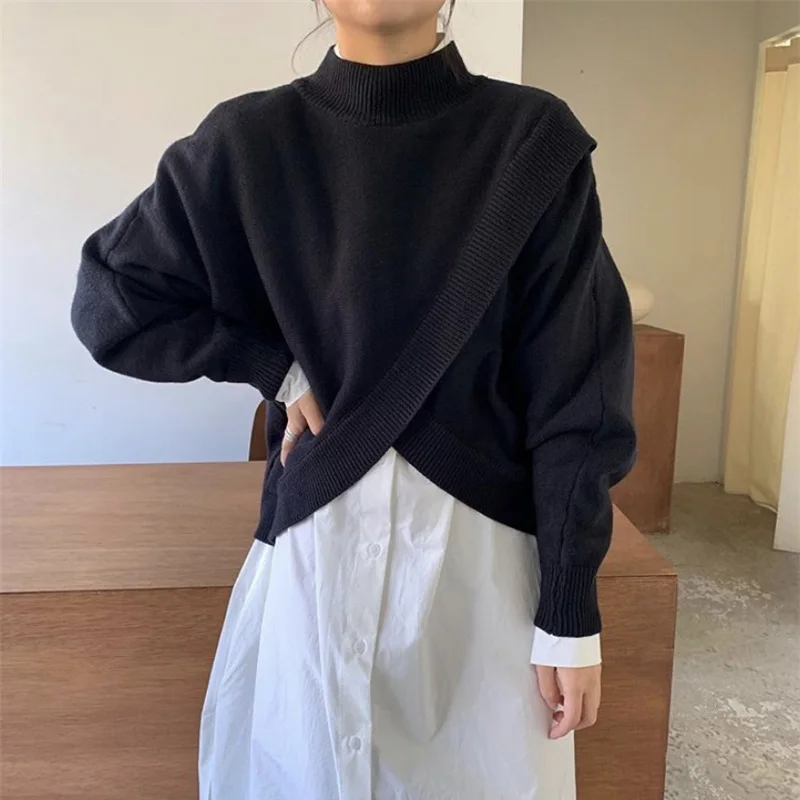 

Criss-Cross Knitted Sweater Pullovers Women Fashion Half-Turtleneck Solid Long Sleeve Knitted Jumpers Irregular Female Knit Tops