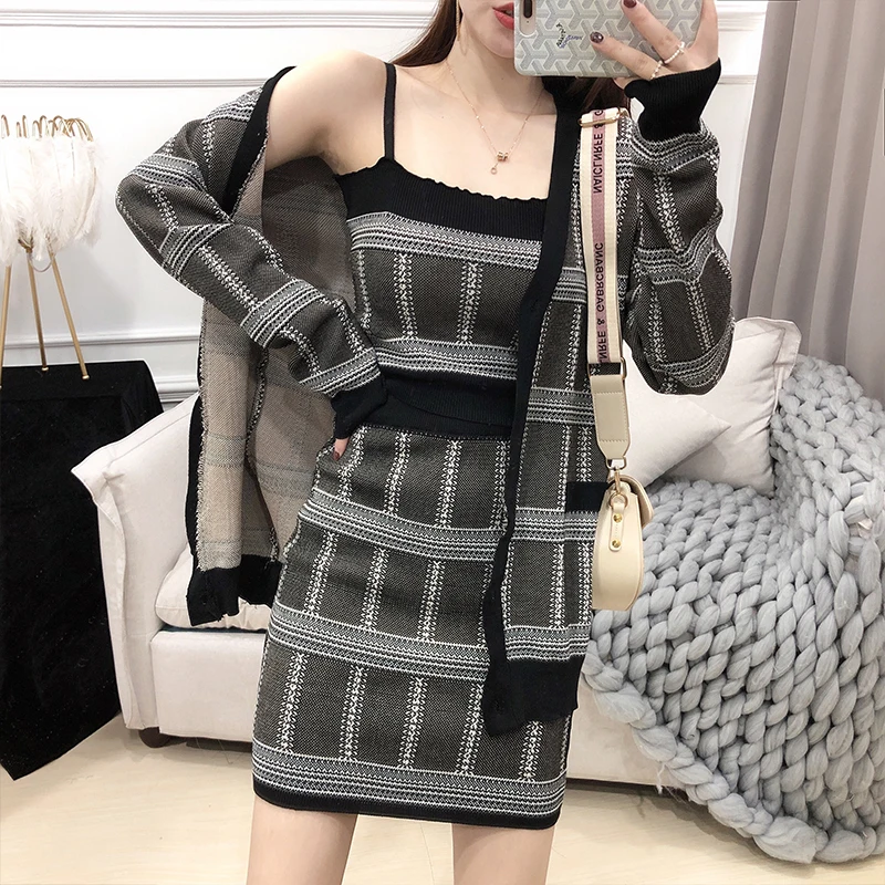 ALPHALMODA/2019 осенний женский топ на бретелях + Длинные кардиганы мини-юбка комплект