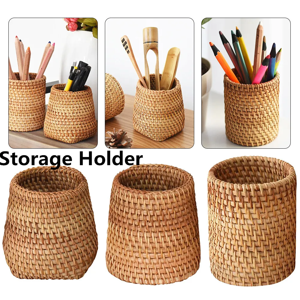 

Pen Storage Organizer Handwoven Rattan Pencil Makeup Brush Holder Multi-Purpose Storage Container for Home Office Desk