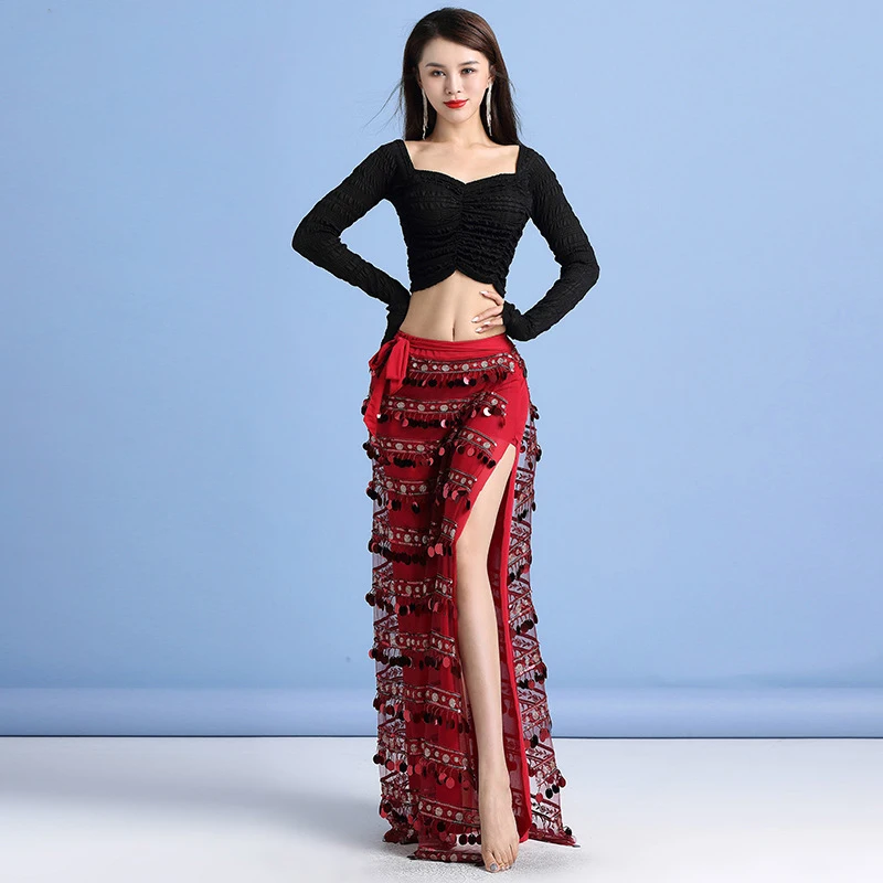 

Женский костюм для танца живота, комплект из 3 предметов с блестками, топ, юбка на бедрах и трусы, Осень-зима