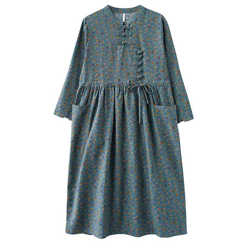 

Spring Ethnic Style Chinese Frog Cotton Linen Dress Loose and Plus-sized Cinched Tie Slim-Fit Mid-length Base Floral Skirt