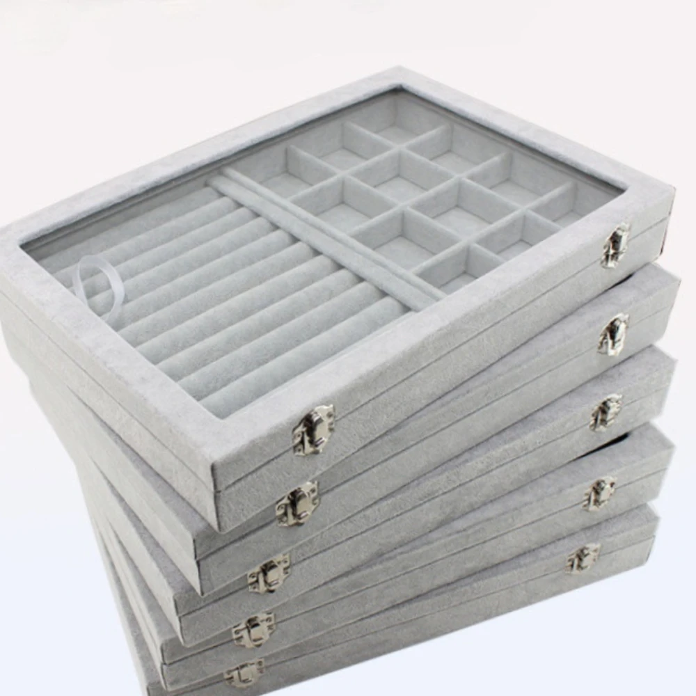 

Big Velvet Gray Carrying Case with Glass Cover Jewelry Ring Display Box Tray Holder Storage Box Organizer Earrings Ring Bracelet