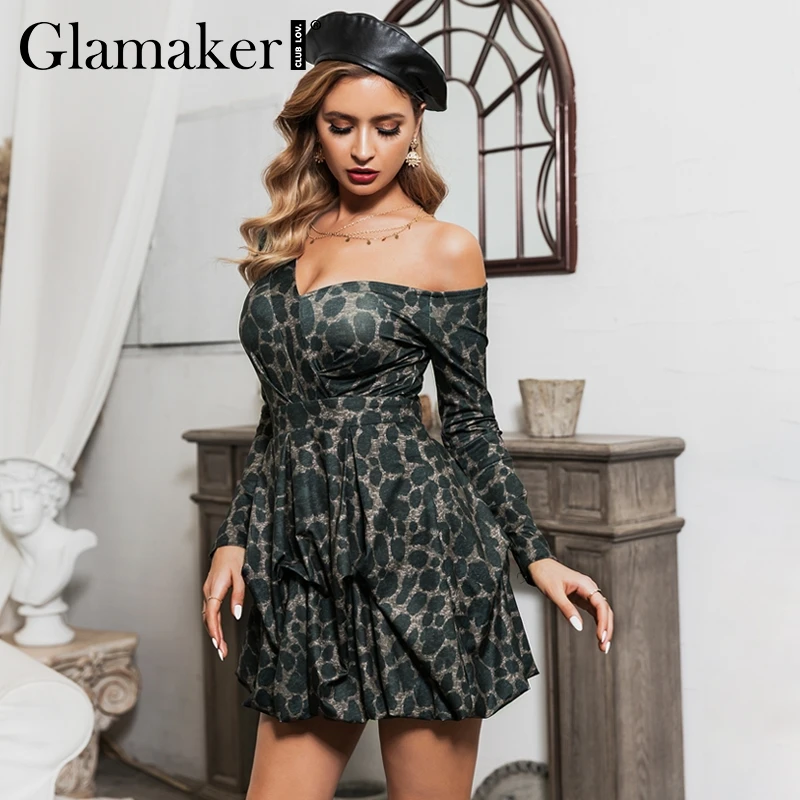 Glamaker сексуальное леопардовое платье на одно плечо с оборками женское осеннее
