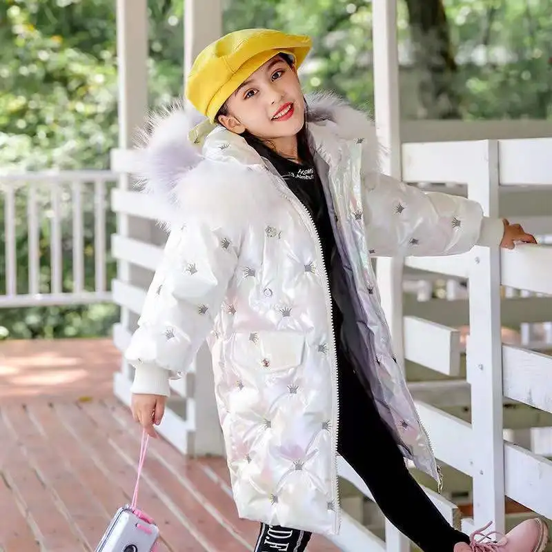 

Children's Winter Jacket Girls Pink Down Jacket Baby Padded Polka-dot Coat Kids Bright Face Long Clothes Hooded Waterproof Parka