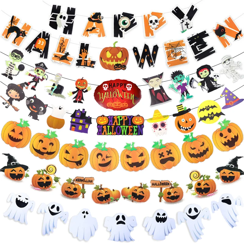 

2021 Happy Halloween Banner Garland Pumpkin Ghosts Crow Paper Bunting Hanging Ornament Halloween Party Favor Festival Decoration