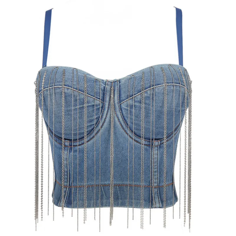 

2023 New Women Camisole Top Tassels Chain Detachable Shoulder Strap Bustier Bra Night Club Party Tank Top With Steel Ring