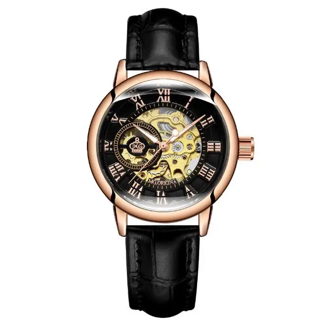 Reloj Mujer Montre Femme серебряные ЖЕНСКИЕ НАРЯДНЫЕ Часы Дамские автоматические механические часы с ремешком из нержавеющей стали - Цвет: leather black
