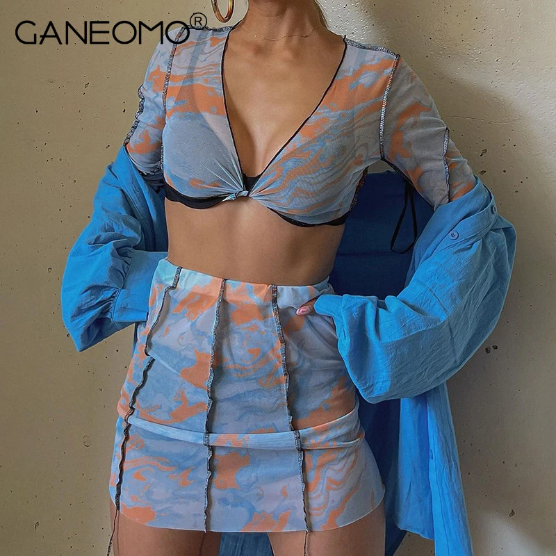 

2021 сексуальный прозрачный комплект из двух предметов, юбка, Женский Осенний сетчатый кроп-Топ с длинным рукавом и искусственная кожа, элега...