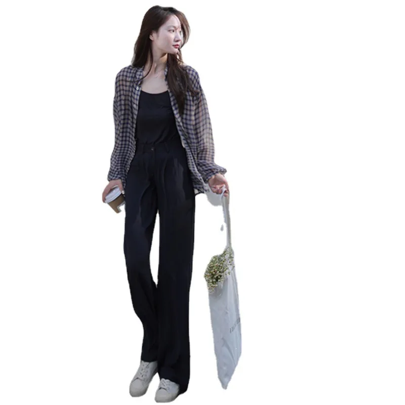 

Summer sunscreen shirt chic design sense niche French thin blue plaid senior sense chiffon shirt female tops