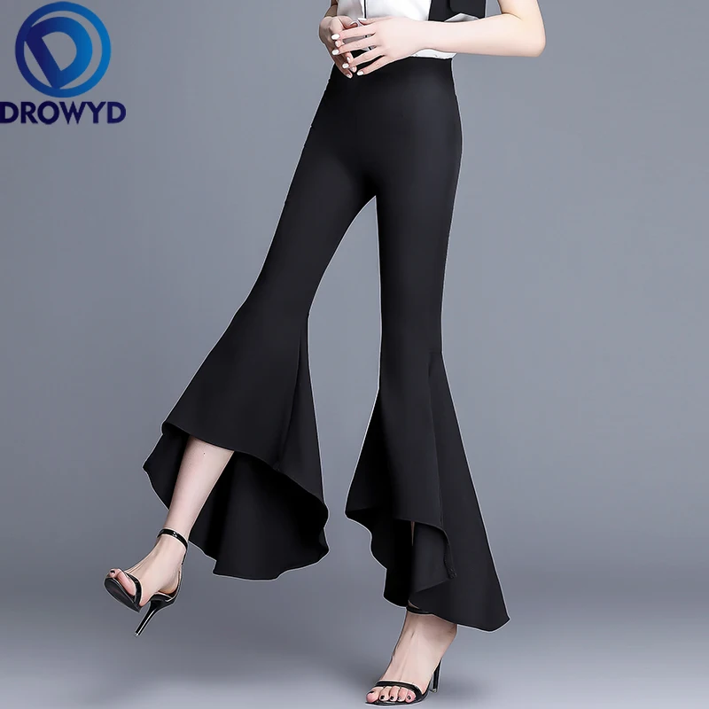 

Black Stretch Flared Pants Women Fashion Cotton Office Work Elegant Trousers Casual Loose Korean Pockets with Beaded Chic Pants