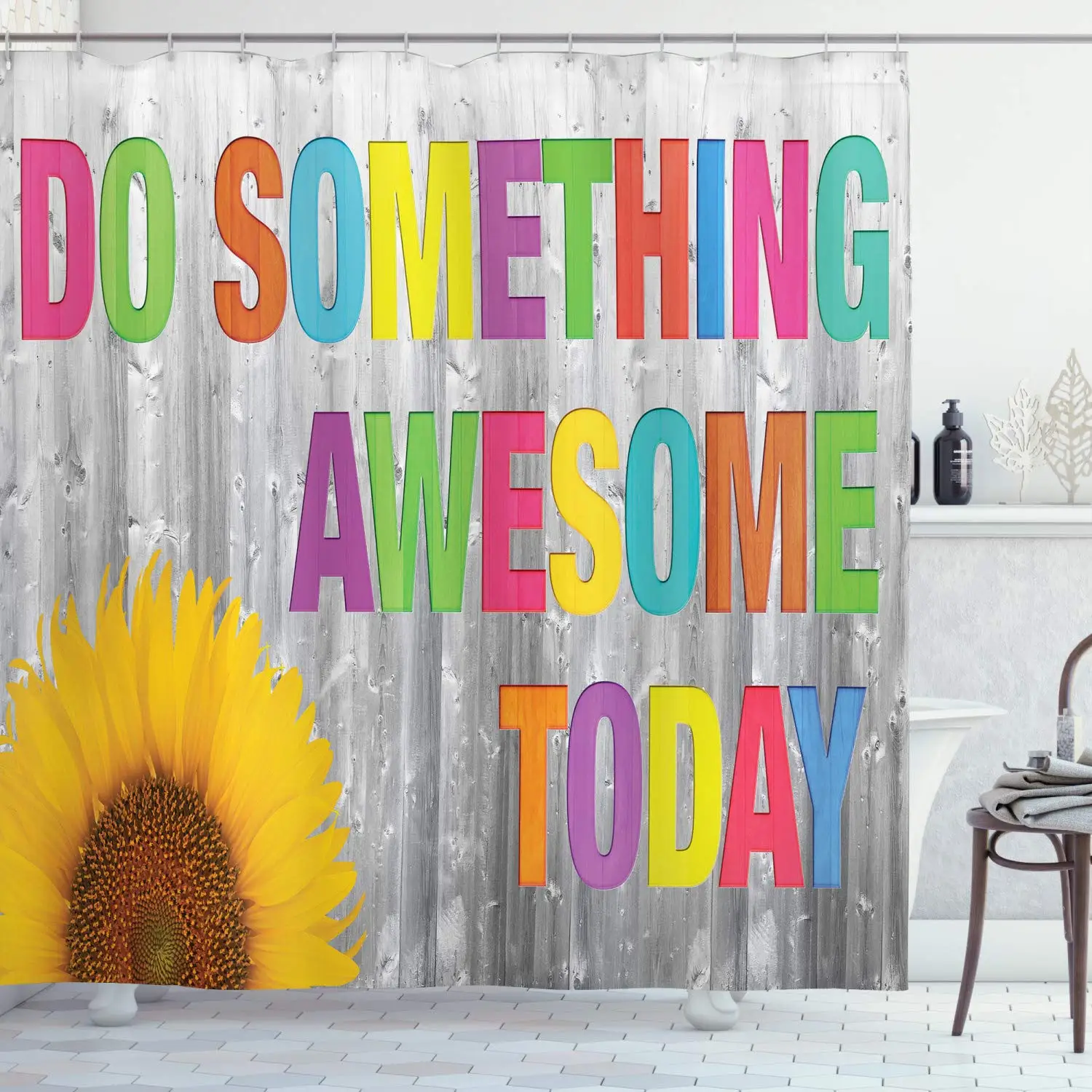 Quotes Decor Collection Do Something Awesome Today Sunflower on Wooden Wall Wood Panel Colorful Design Polyester Fabric Bathroom | Дом и сад