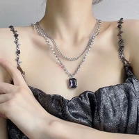 origin summer street style double layer geometric square pendant necklace for women trendy rhinestone black necklace jewellery