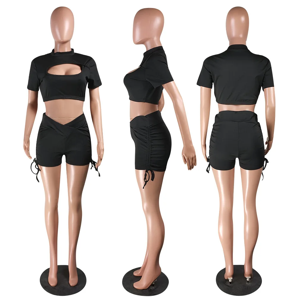 

Women's Ladies Cut Out Sets Crop Top and Shorts Set Solid Bandage Ruched Jogging Femme 2021 Summer Sporty Sets Woman 2 Piece Set