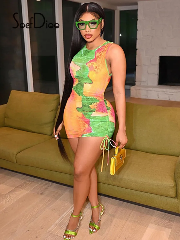 

Soefdioo Sexy Contrast Color O Neck Sleeveless Drawstring Bodycon Woman Dress Fall 2021 Elegant Party Night Club Mini Dresses