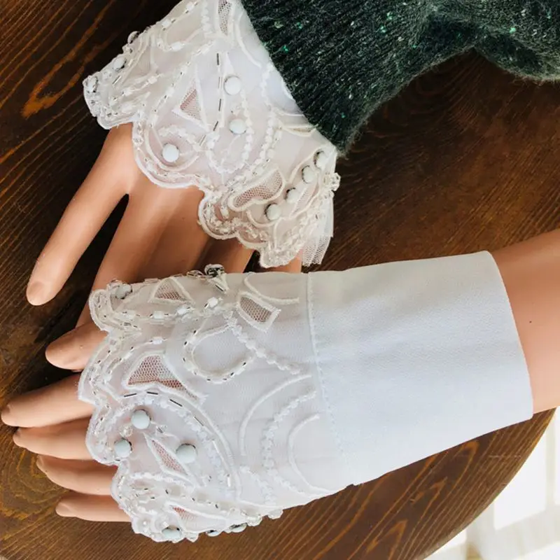 

Korean Navy Style Women Decorative Sleeve False Cuffs Wavy Embroidery Lace Beading Embellished Detachable Wristband Accessories