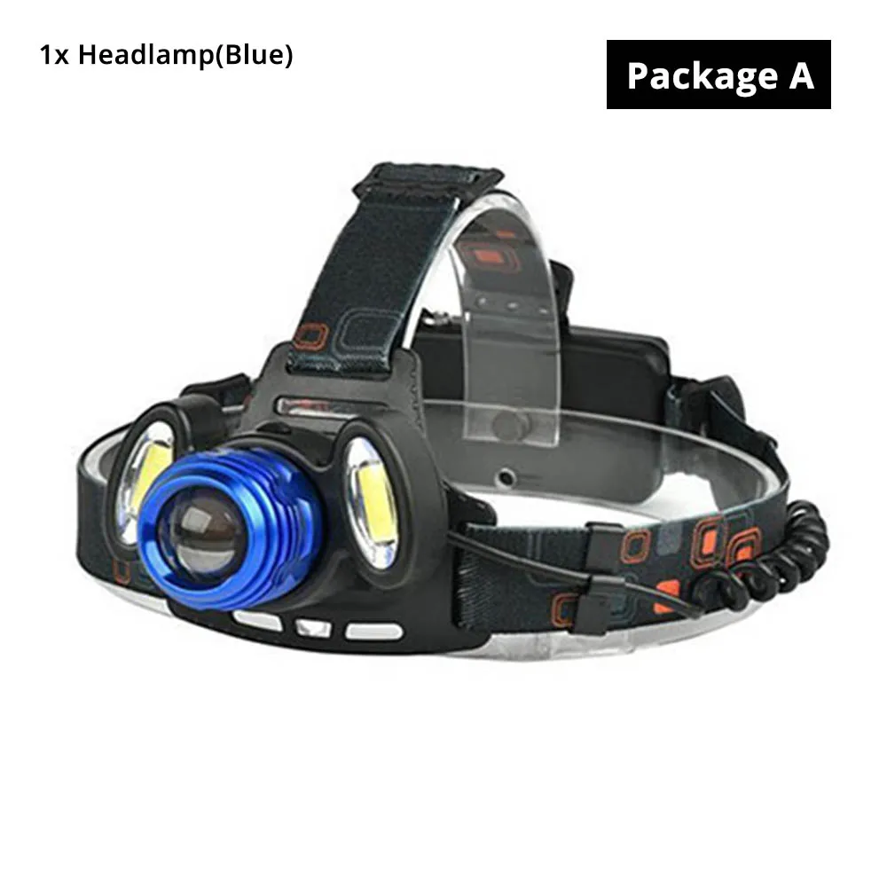 PackageA(blue) Супер яркий светодиодный налобный фонарь T6+ COB светодиодный налобный фонарь 4 режима освещения масштабируемый для рыбалки, ночной езды, кемпинга, приключений и т. д - Испускаемый цвет: PackageA(blue)
