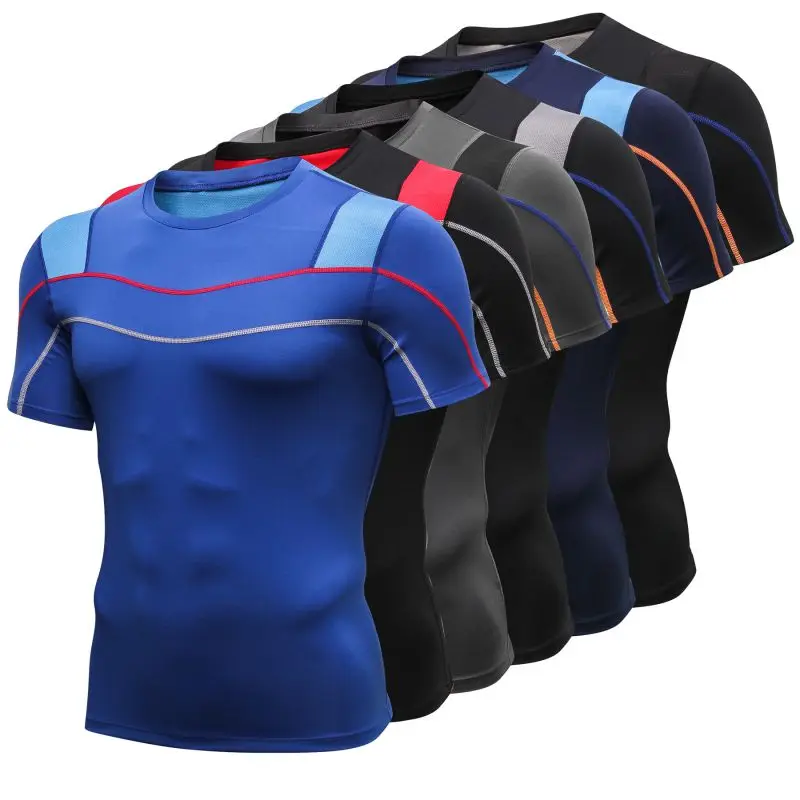 

6 Colors Men Summer quick-drying high-elastic tight-fitting T-shirt Gym Sports Running Fitness short-sleeved Tops