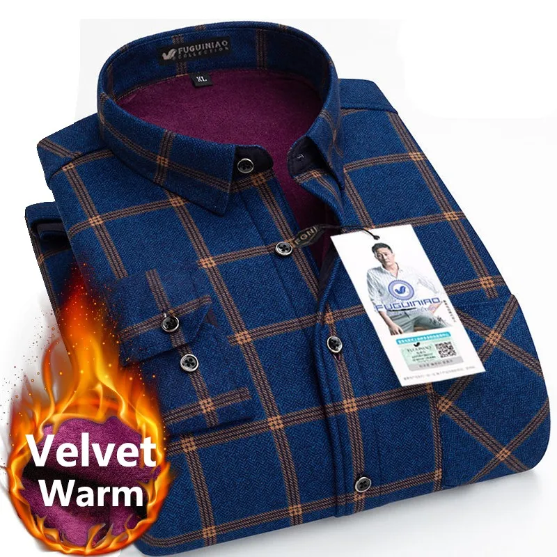 

2022 Men Winter Shirt Keep Warm Plaid Men's Long Sleeve Shirts Wool Lining Flannel Casual Shirt Soft High Quality Dress Shirts