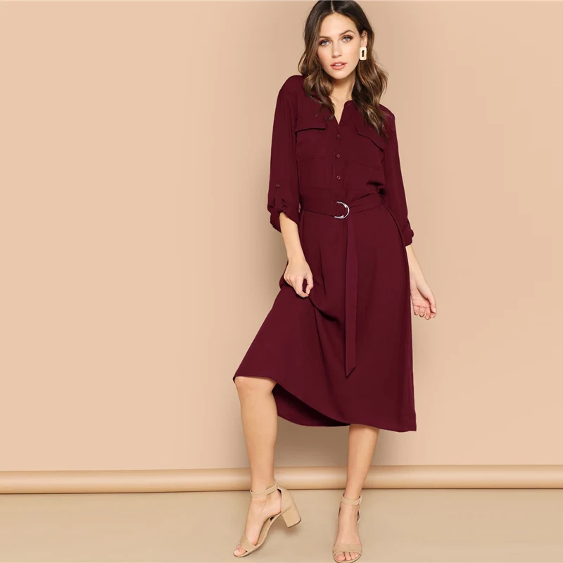 SHEIN закатать рукава рубашки с карманами поясом длинное платье Для женщин Весна с круглым вырезом Повседневное платье с длинным рукавом Женские миди платья