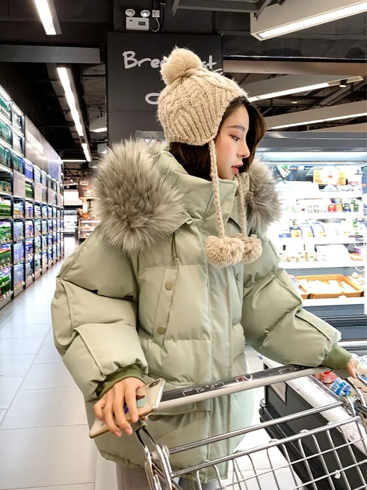 2021 New Winter Cotton Jacket Women Short Cotton Padded Parka Big Fur Collar Loose Bread Warm Coat Korean Solid Color Outerwear