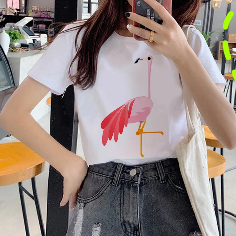

Cartoon Flamingo summer Printed Female Tshirt 90s Short Sleeve Graphic Tees women Funny Harajuku T-shirt Tops Tees Female