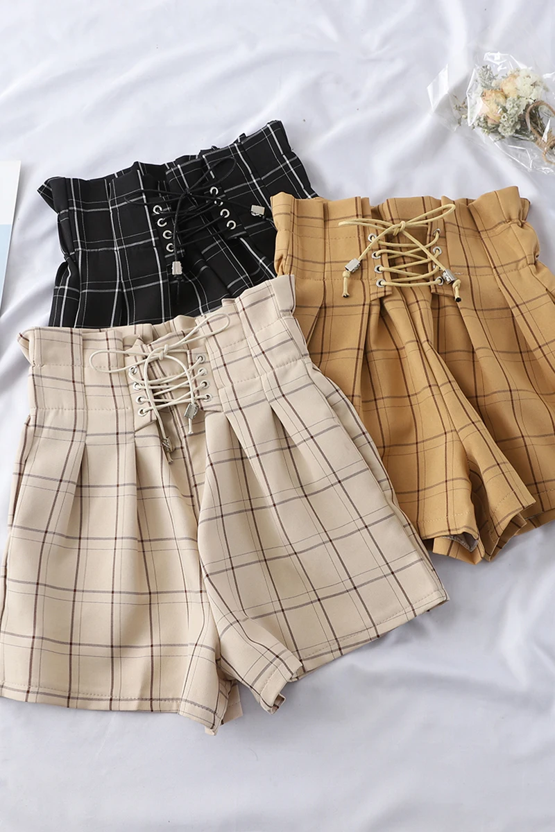 

Bandages Tie Japanese Girls Harajuku Retro Plaid Summer Shorts High Waist Wide Leg Shorts Women 2019 Fashion Lace Up Hot Shorts