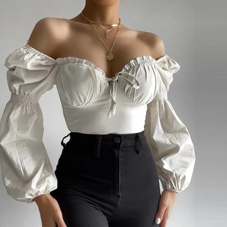 

Smocked Cropped Blouse Women Sexy Vintage Lace-up Corset Top 2021 Summer Long Puff Sleeves Off The Shoulder